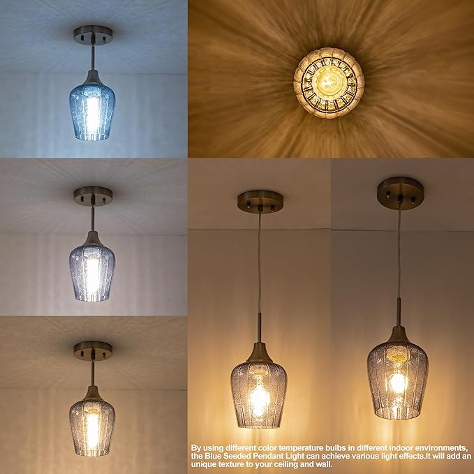 Viinew Mini Glass Pendant Light,5.4" Tulip Flower Shape Dark Blue Glass Hanging Light,1-Pack Handblown Clear Blue Seeded Shade Adjustable Cord Ceiling Light Fixture for Kitchen Island Sink