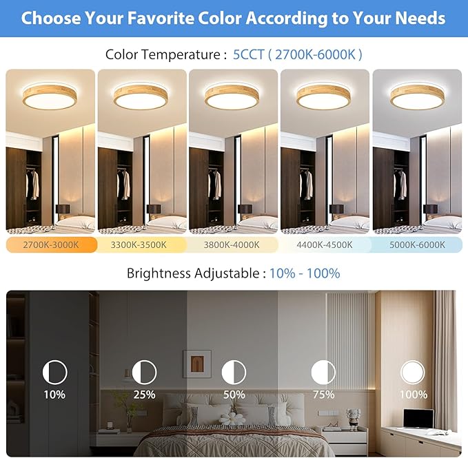 Pevfah Modern Dimmable Wood Flush Mount Ceiling Light, 2700K-6000K 5CCT Round Close to Ceiling Lighting Fixtures, Minimalist LED Ceiling Lamp for Bedroom, Kitchen, Hallway, Living Room-15.74in