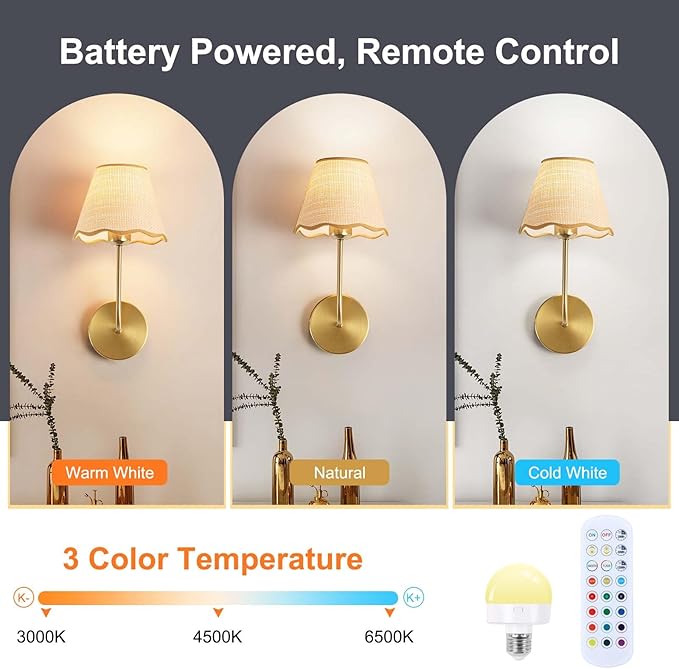 ADISUN Battery Operated Wall Sconce Set of 2, Gold Wall Lamps for Living Room, Rechargeable Bulbs, RGB. Rattan Shade Wireless Wall Lights for Bedroom Living Room Hallway Kitchen(Bulbs Included)