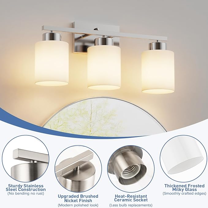 PARTPHONER 3-Light Brushed Nickel Bathroom Light Fixtures, Modern Vanity Light Over Mirror Lighting, Wall Sconce with Frosted Milky White Glass Shades for Bedroom Living Room Kitchen Hallway