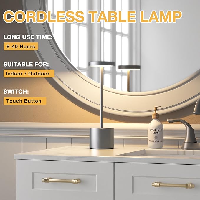Kakanuo Grey Rechargeable Cordless Lamp - Touch Control, 3 Color Temperature, Wireless Battery Operated Lamps, Stepless Dimmable, Set of 2