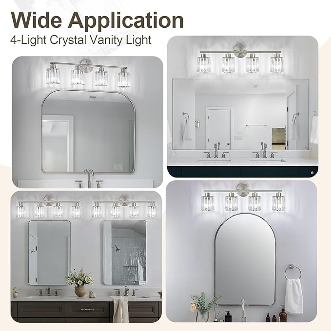 Crystal Bathroom Light Fixtures, Bathroom Lighting Fixtures Over Mirror, Modern 4-Light Brushed Nickel Vanity Lights for Mirror, Restroom, Kitchen(Ceramic E26 Socket,Bulbs Not Include)