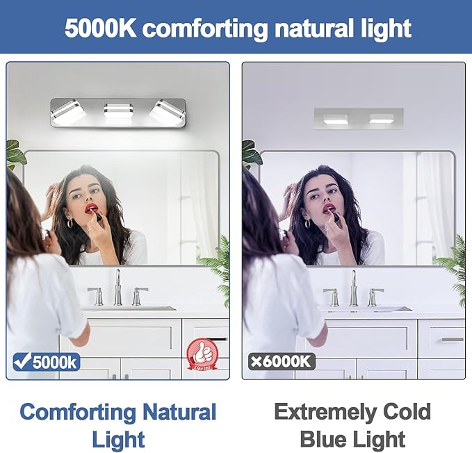 360° Rotate 3-Light LED Bathroom Vanity Light Fixtures, 1300LM Acrylic Chrome Vanity Lights for Bathroom, Modern Wall Lighting Fixtures Over Mirror Kitchen Living Room (Natural White Light 5000K)