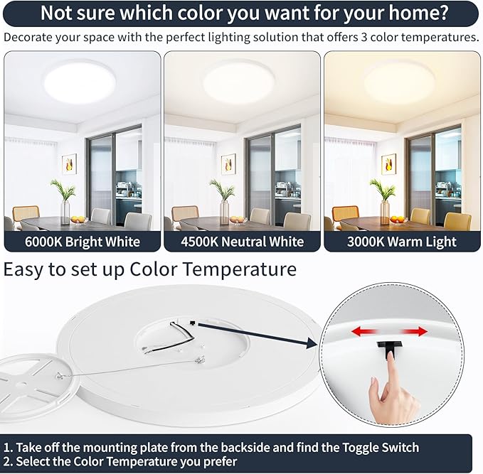 16 Inch Flush Mount Ceiling Light, 32W Dimmable LED Fixture 3200LM, 3000K/4500K/6000K Adjustable, Round Ceiling Lamp for Bedroom, Kitchen, Living Room, Dining Room, Bathroom, White