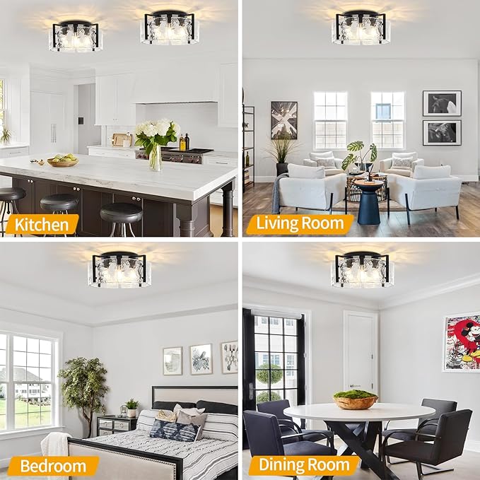 18.5'' Modern Black Semi Flush Mount Ceiling Light, Entryway Light Fixture, 4-Light Glass Ceiling Lights for Hallway Foyer Kitchen Island Dining Room Bedroom Living Room Bathroom Lighting Fixtures