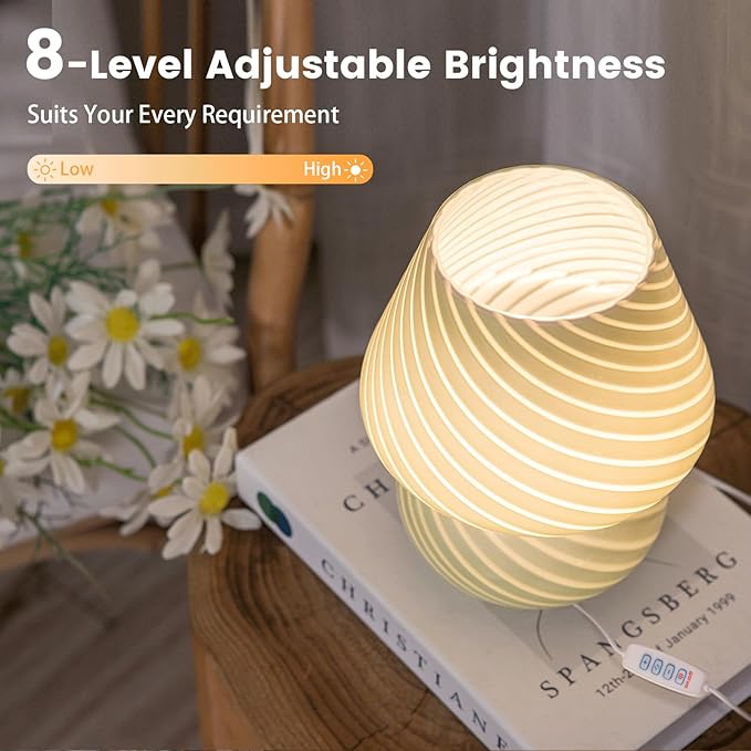 ULAROOM USB Plug-in Mushroom Lamp Small Bedside Table Lamp with 3 Temperature LED Bulb,Free Dimming Nights Light for Bedroom/Living Room/Entryway/Corner Decor (Stripe Green)