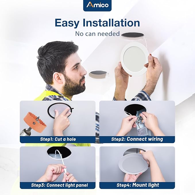 Amico 12 Pack 7 Inch 5CCT Ultra-Thin LED Canless Recessed Ceiling Light with Junction Box, 2700K/3000K/3500K/4000K/5000K Selectable, 15W=100W, 1300LM High Brightness, Dimmable Wafer Downlight, ETL&FCC