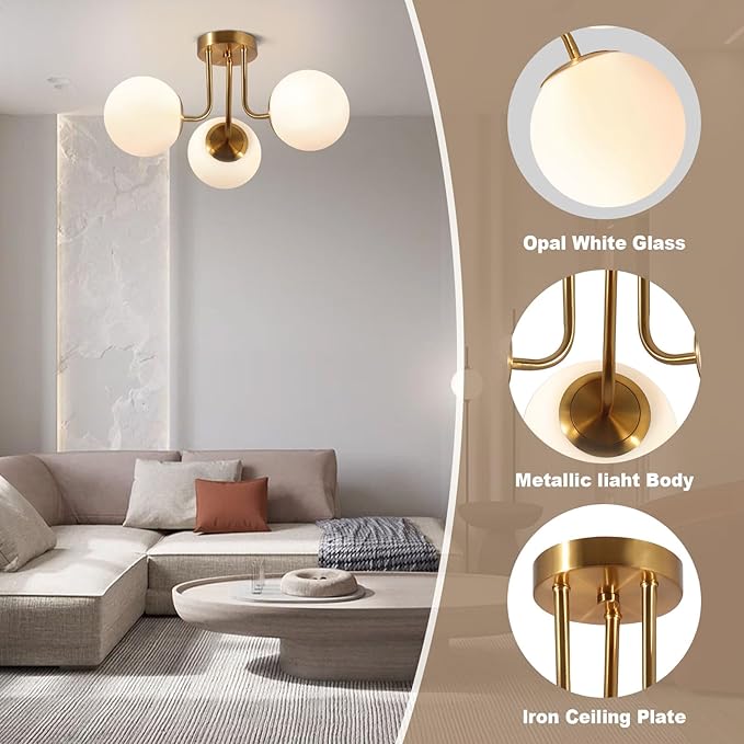 Bektas 3-Lights Semi Flush Mount Ceiling Light Fixture Brushed Gold Light Fixture Bend Modeling with Milk Glass Globe for Bedroom,Living Room,Dinning Room Foyer Hallway