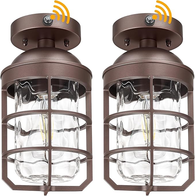Outdoor Ceiling Lights for Porch with Dusk to Dawn Sensor, Outdoor Semi Flush Mount Ceiling Light Fixture with Water Ripple Glass for Front Porch Entryway Patio, Set of 2