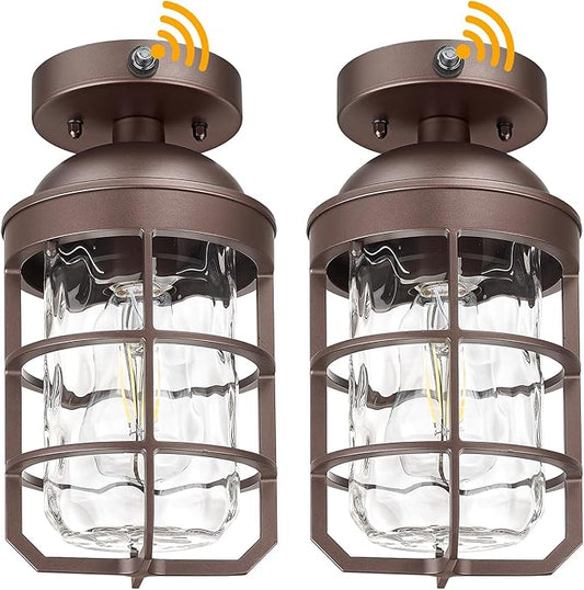Outdoor Ceiling Lights for Porch with Dusk to Dawn Sensor, Outdoor Semi Flush Mount Ceiling Light Fixture with Water Ripple Glass for Front Porch Entryway Patio, Set of 2