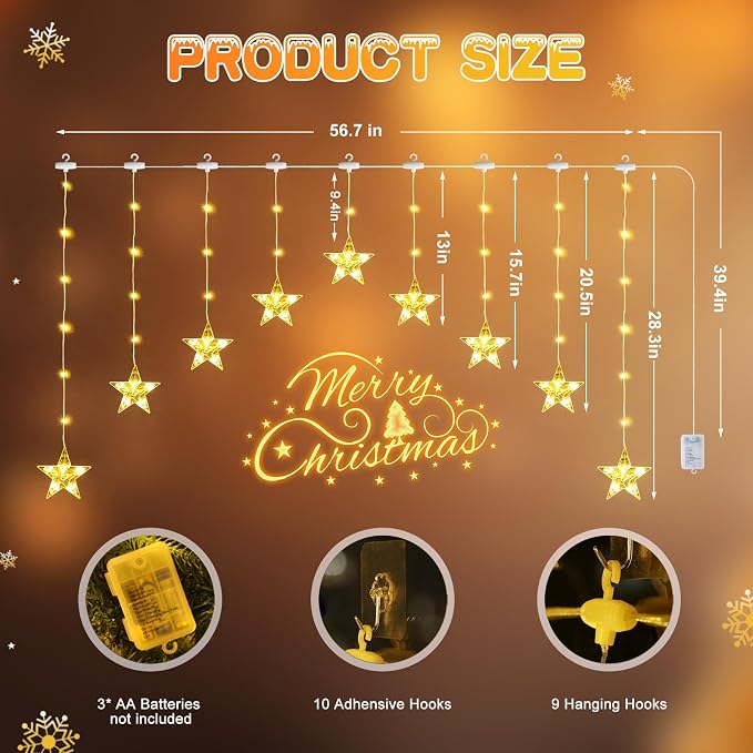Christmas Window Lights, 76LED 9 Stars IP65 Battery Operated Star Curtain Lights 11 Modes with Timer, Xmas Decoration for Bedroom Wall Indoor Home Deco, Warm White & Multicolor