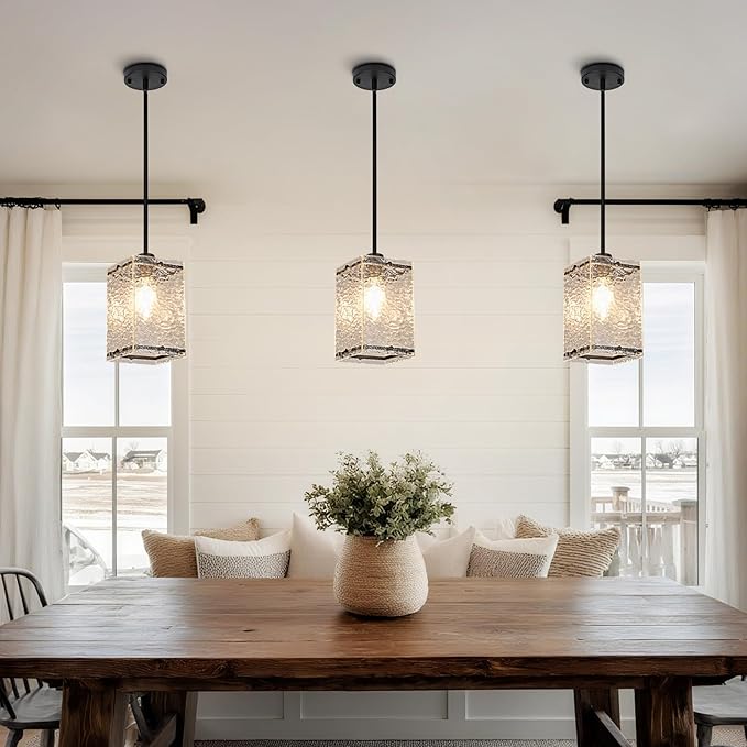 Water Ripple Glass Pendant Lights Black Pendant Lights Kitchen Island Adjustable Modern Hanging Pendant Light Fixtures for Sink Kitchen Dining Room Foyer Entryway, 3 Pack