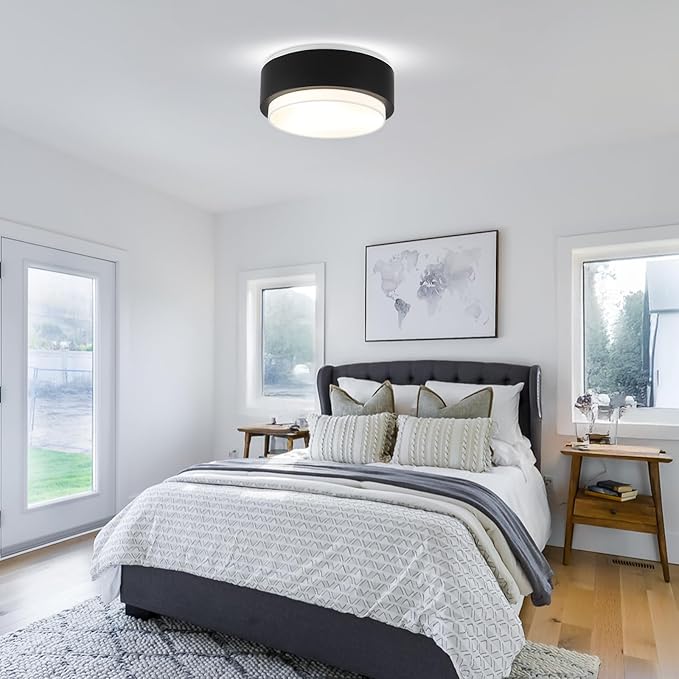 Luupyia 12.59 Inches Drum Ceiling Light with Black Metal and White Fabric Shade, 3Light Simple Modern Drum Semi Flush Mount Ceiling Light with Double Shade, Overhead Light for Bedroom Hallway E26, 60W