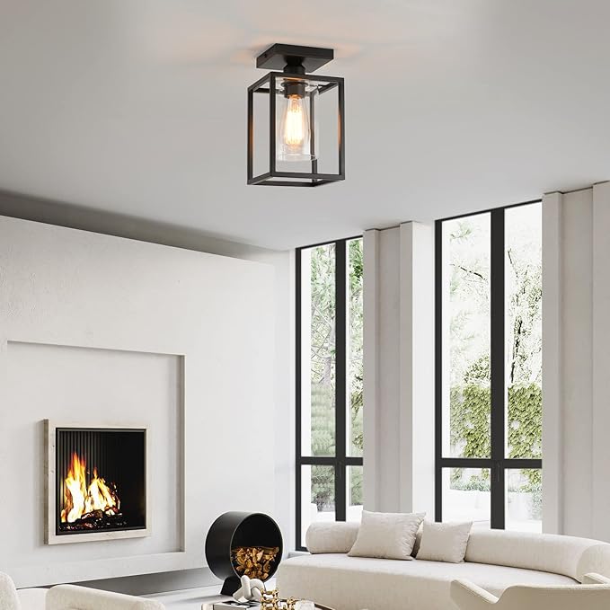 3 Pack Semi Flush Mount Ceiling Light,Black Metal Frame Ceiling Light Fixture with Clear Glass Shade, Farmhouse Light Fixture for Kitchen Island Entryway Porch Foyer