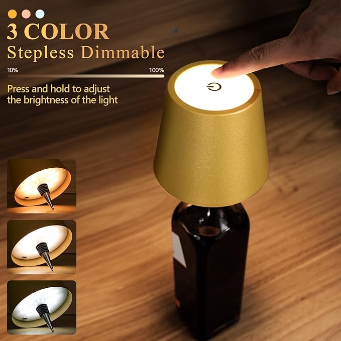 2 Pack Wine Bottle Lamps, 2026 New 3 Color Rechargeable Wireless Bottle Lamps, Bottle Lamp Kit for Liquor Bottles with Touch Dimming for Parties, Restaurants & Home Decor (‌Golden)