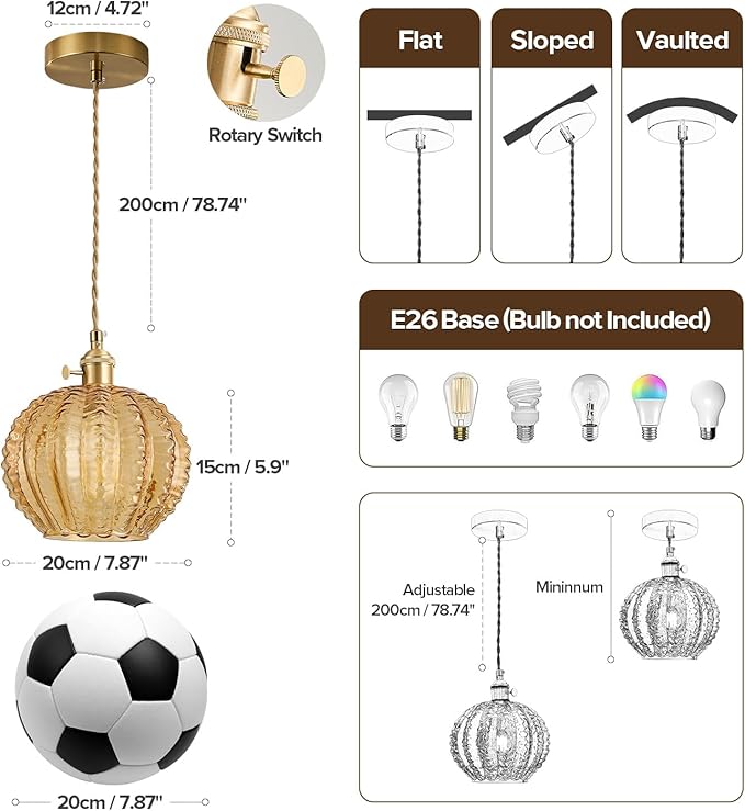 Amber Glass Pendant Light Fixtures,Vintage Antique Champagne Gold Pendant Lights Mid Century Modern Pendant Lights Suitable for Kitchen Island Dining Table Bedroom Bathroom and Above the Sink