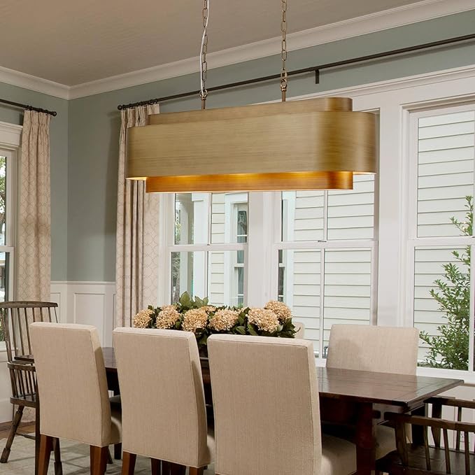 40" Modern Farmhouse Linear Chandelier, Dining Room Light Fixture Over Table Kitchen Island Lighting Metal Rustic Industrial Pendant Light Brushed Brass