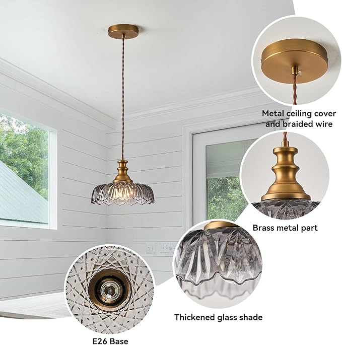 HDDFL Vintage Pendant Lights Fixture Modern Pendant Lighting Fixtures Hanging Lamp for Kitchen Island Bedroom Living Room Hallway Grey and Brass