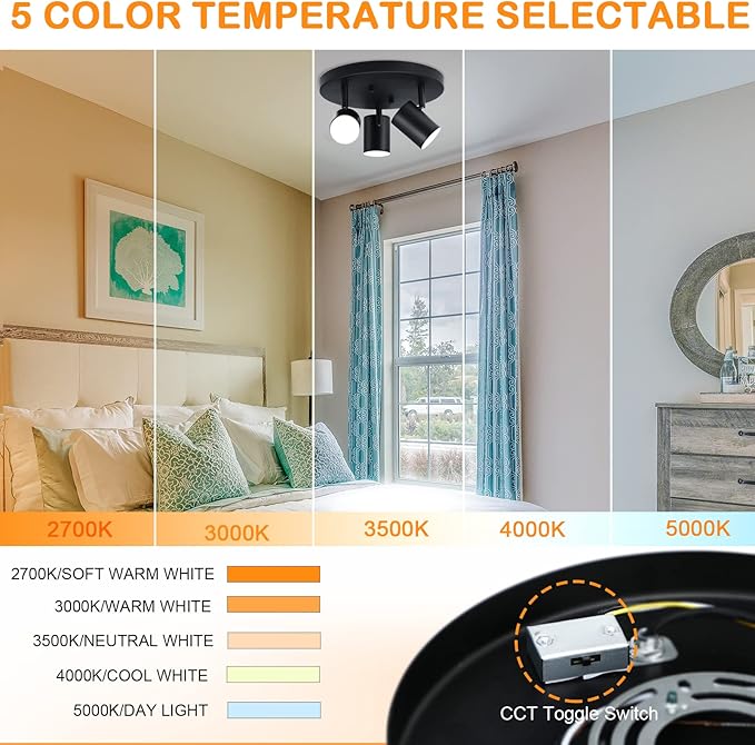 CLOUDY BAY 5CCT 3 Light Directional Ceiling Spotlight,Dimmable LED Track Light Heads,CRI90+,1800Lm for Hallway Kitchen Art,Black
