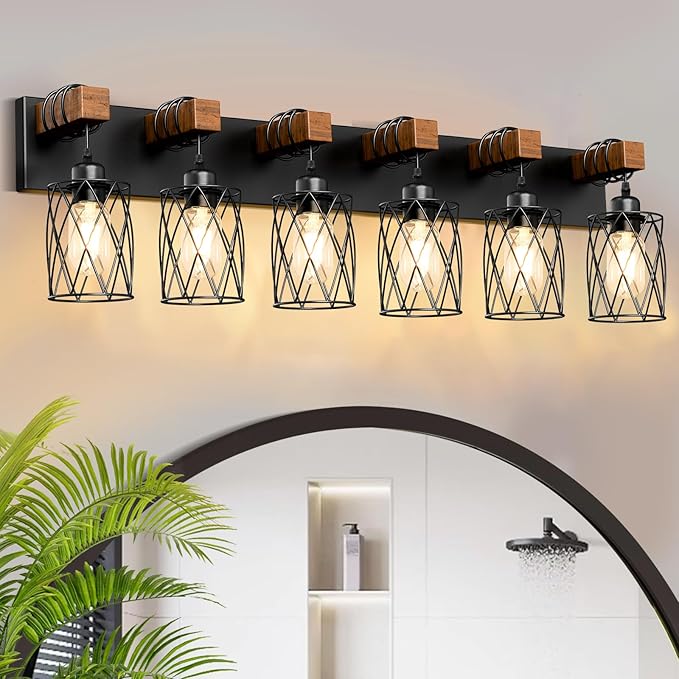 IZORRO Farmhouse Bathroom Vanity Light, 6-Light Wood Bathroom Light Fixtures Over Mirror, Black Industrial Vanity Lights with Metal Shade, Rustic Restroom Lighting Fixtures