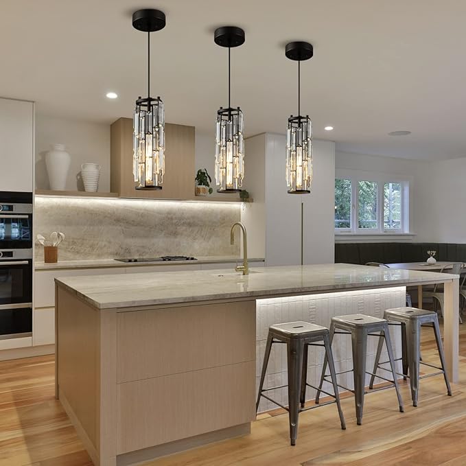 LMQNINE Pendant Lights Modern Black Pendant Light Mini Crystal Chandelier Pendant Lighting for Kitchen Island Dinning Room Bedroom Kitchen Sink Lighting (Black 2-Pack)