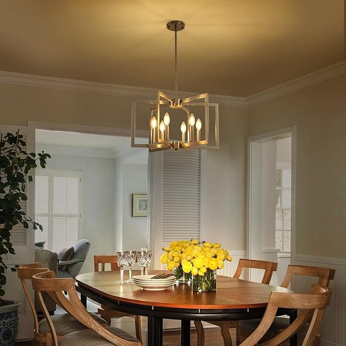 Klgxnrd 6-Light Modern Farmhouse Brushed Nickel Chandelier, Industrial Pendant Lights Kitchen Island, Hanging Dining Room Light Fixture, Metal Geometric Chandelier for Bedroom Hallway Entryway