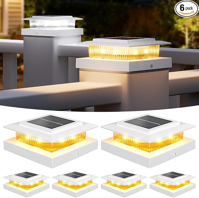 NIORSUN Solar Post Cap Lights Outdoor Waterproof, 4x4 Post Solar Lights 2 Color Modes, Fence Posts Solars Light for Deck Patio Garden Deco, 4x4 Posts Caps Wood Vinyl, 5x5 Vinyl, 6 Pack (White)