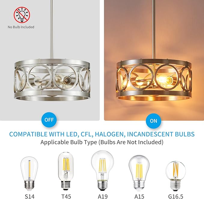 XINGQI 13” Chandelier Brushed Nickel 3-Light Rustic Ceiling Light Modern Adjustable Height Pendant Lighting Fixture Antique Drum Lamp for Living Room Bedroom Entryway Corridors