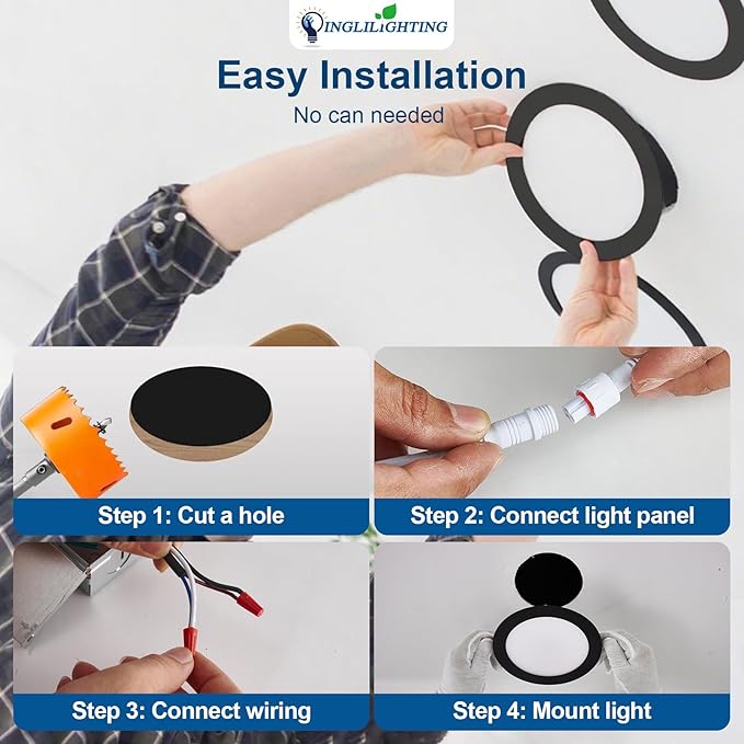 DLLT LED Recessed Ceiling Light: 6 Pack 4 Inch Black Slim Recessed Lighting for Kitchen - 5CCT Dimmable Canless Wafer Downlight for Living Room - 900LM Brightness 6W LED Can Lights for Bedroom ETL FCC