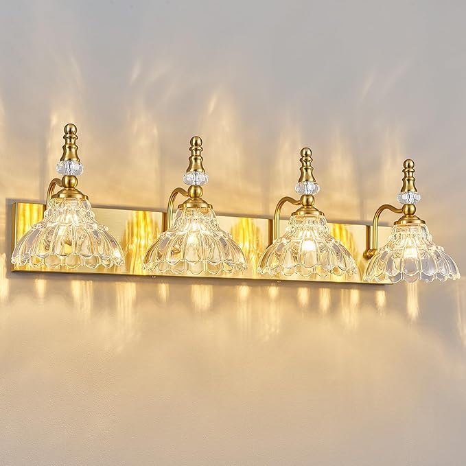 Vintage Bathroom Vanity Light, 4-Light Gold Vanity Lighting Fixture with Flower Glass Shade, Bathroom Lighting Fixtures Over Mirror