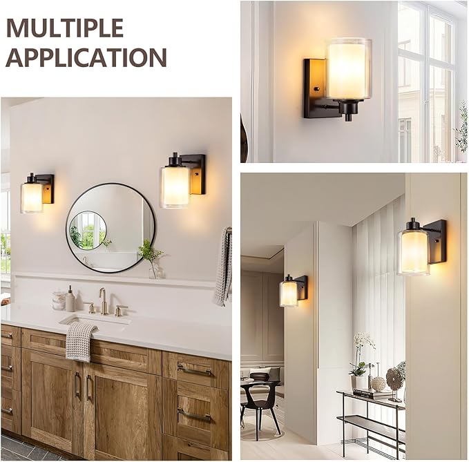 2 Pack Bath Vanity Light Fixtures, Modern Indoor Wall Scone Lighting with Dual Glass Shade, Oil Rubbed Bronze Wall Lamp for Bedroom Mirror Kitchen Living Room Entryway