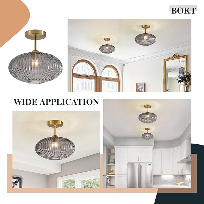 BOKT Smoke Gray Glass Modern Pendant Light Nursery Close to Ceiling Light Hallway Gold Semi Flush Mount Ceiling Light Fixture for Laundry, Schoolhouse, Stairway 9.8"