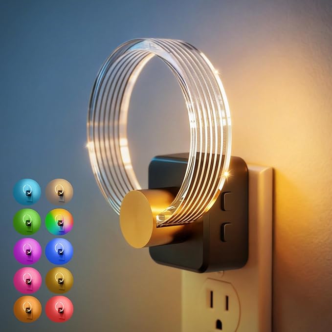 JandCase Night Light, Color Changing Night Lights Plug into Wall, RGB Nightlight with Light Sensor, 180° Rotatable Plug in Nightlights, Dimmable Ring Acrylic Night Light for Kids Gifts Hallway, 1 Pack
