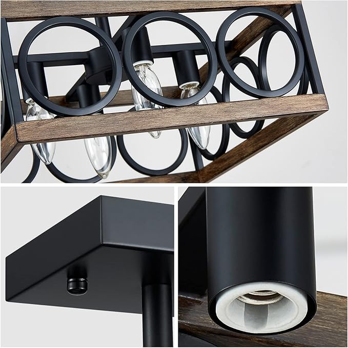 XINGQI Modern 4-Light 13'' Farmhouse Vintage Semi Flush Mount Ceiling Light Fixture for Living Dining Room Bedroom, Antique Wood Grain+Black Finish with Square Metal Shade,E12 Bulbs