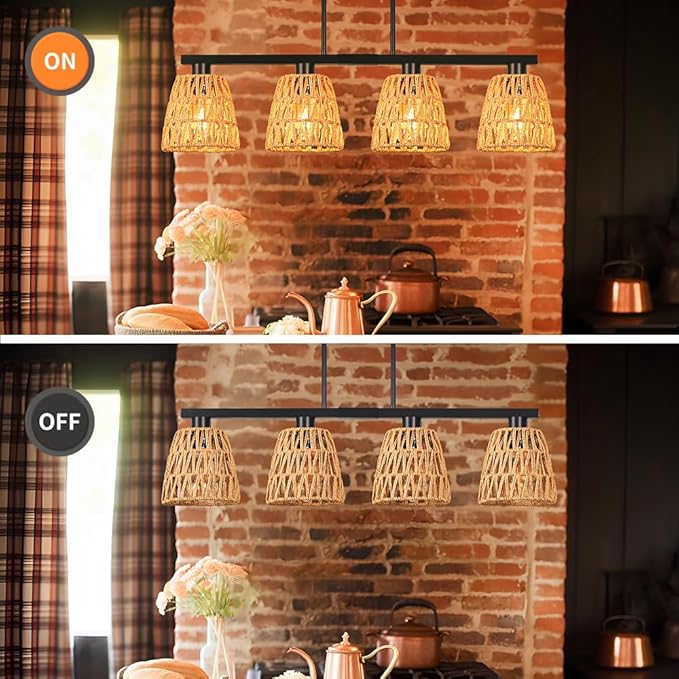 Black 4-Light Kitchen Island Lighting, Boho Rattan Dining Room Light Fixture, Farmhouse Island Light for Kitchen with Shade, Adjustable Linear Chandelier Pendant Lights Kitchen Island Over Bars, Table