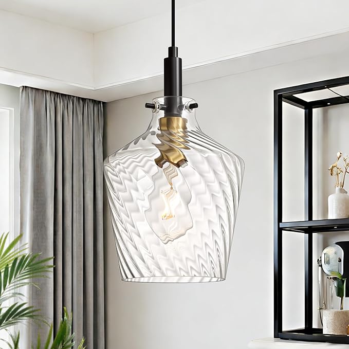 Modern Stripes Clear Glass Pendant Lighting for Kitchen Island 1 Pack, Farmhouse Black and Gold Pendant Light Fixtures, Height Adjustable Ceiling Pendant Light, 8 Inch