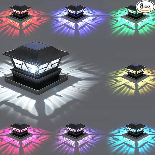 Solar Post Lights Outdoor Waterproof RGB Color Changing Modes Fence Post Cap Lights, Deck Post Lights Solar Powered for 4x4 5x5 6x6 Wooden or Vinyl Yard Garden Patio Decor, Black(8 Pack)