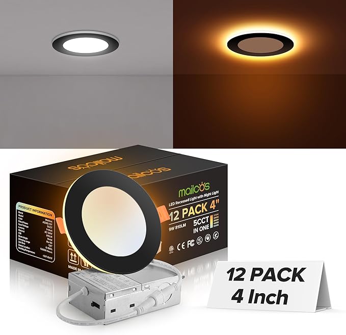 MAILCOS 12 Pack Black 4 Inch 5CCT LED Recessed Ceiling Light with Night Light, 2700K-5000K Selectable, Ultra-Thin Lighting, 9W 810LM, Dimmable Canless Wafer Downlight ETL Certificated