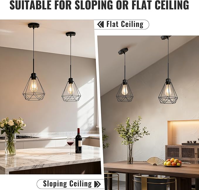 Maliralt Pendant Light Hanging Lights Fixture - Black Industrial Hanging Lamps with Metal Diamond Shade for Kitchen Island, Dining Room Over Table, Breakfast Corner, Farmhouse Home Decor - 2 Pack