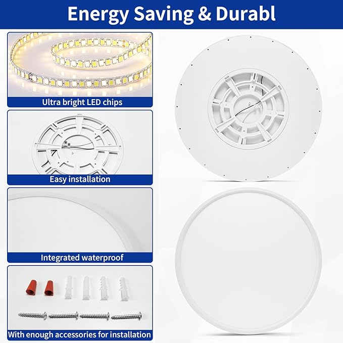 20 Inch Large Flush Mount Ceiling Light Fixture, Dimmable with Remote Control, White, Ultra Thin, 48W 4800Lumen, for Bedroom, Living Room, Kitchen, Dining Room, Home Office