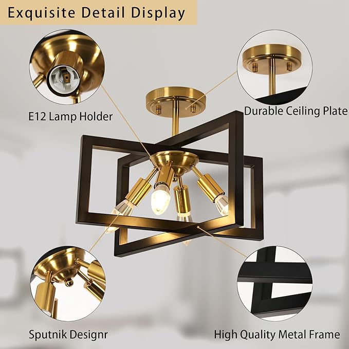 DELIPOP 4-Light Flush Mount Ceiling Light, Farmhouse Gold Square Metal Frame Light Fixtures Ceiling Chandelier for Kitchen, Dining Room, Entryway, Hallway, Island