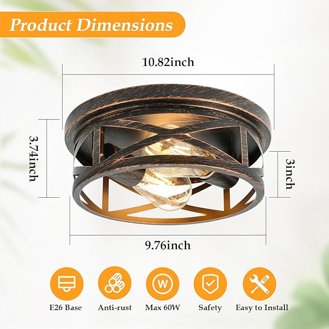 2-Light Flush Mount Ceiling Light Fixture, Farmhouse Ceiling Lights for Kitchen, Modern Black Close to Ceiling Light for Hallway Bedroom Balcony Porch Stairway, E26 (Oil Rubbed Bronze, 1 Pack)