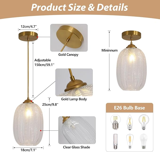 KCO Lighting Clear Glass Globe Pendant Light Ribbed Ceiling Light Brass Pendant Lights Kitchen Island Mid Century Modern Ceiling Hanging Light Gold Single Pendant Light