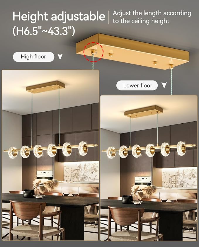Dimmable Modern LED Chandelier with Remote Control, Crystal Dining Room Light Fixtures Over Table, 3000K-6500K Gold Linear Pendant Light for Kitchen Island