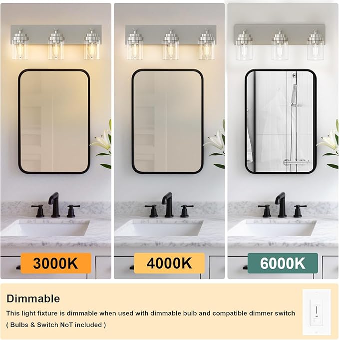 IZORRO Bathroom Vanity Light Fixture, 3-Light 22 Inch Brushed Nickel Bathroom Light Fixtures Over Mirror, with Clear Glass Shade, Modern Farmhouse Vanity Lights, Rustic Restroom Lighting Fixtures
