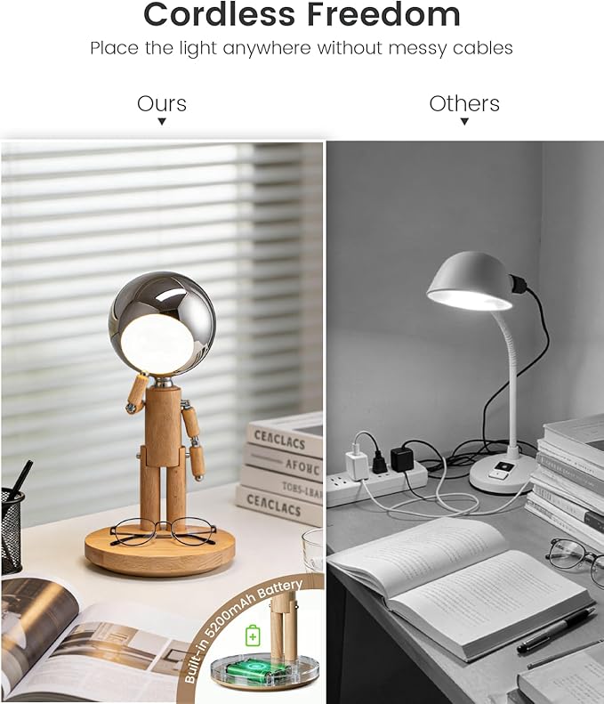 Rechargeable Cordless Desk Lamp, Creative Wooden Table Lamp with 3 Color &Stepless Dimming, Adjustable Pause Moon Lamp, Unique Decorative Desk Lamp for Bedroom, Nightstand, Office & Gift, Beech Wood