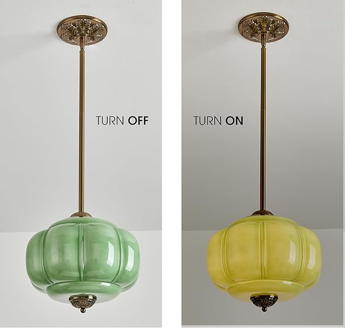 Green Milk Glass Ceiling Light Fixture, 12" Semi Flush Mount Pendant Light with Antique Brass Finish, Schoolhouse Light Fixture - Antique Chandelier for Kitchen, Hallway, Dining Room