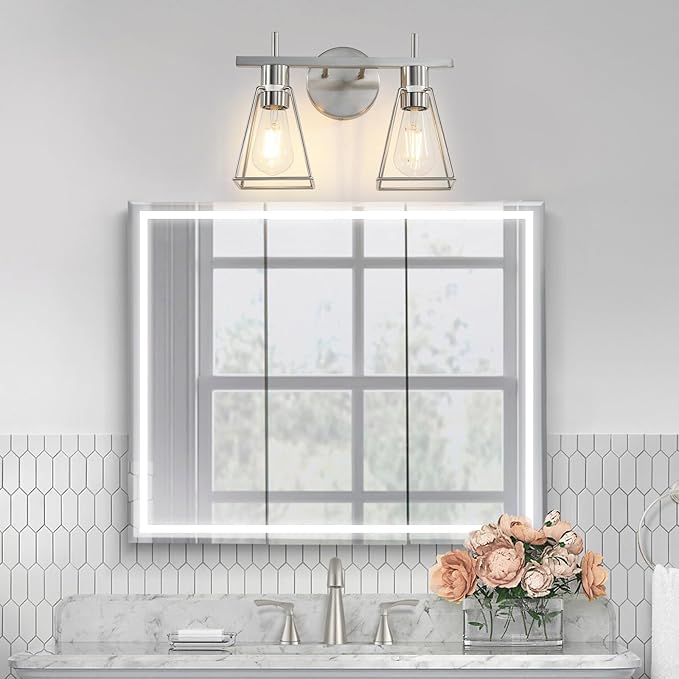 Industrial Bathroom Vanity Lights: 2 Light Silver Brushed Nickel Vintage Metal Cage Wall Lamps - Rustic Farmhouse Light Fixture Over Mirrors Cabinet for Home Hallway