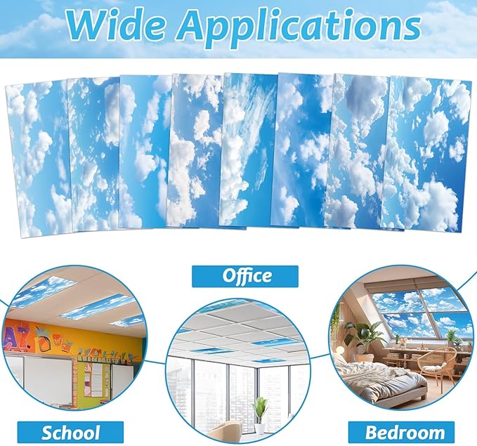 8 Pcs Fluorescent Light Covers with 80 Magnets Decorative for Classroom Ceiling Light 4 x 2 Feet Magnetic Light Covers Filter Easy Install for Office Hospitals & Home Drop Ceiling Supplies （Cloud）
