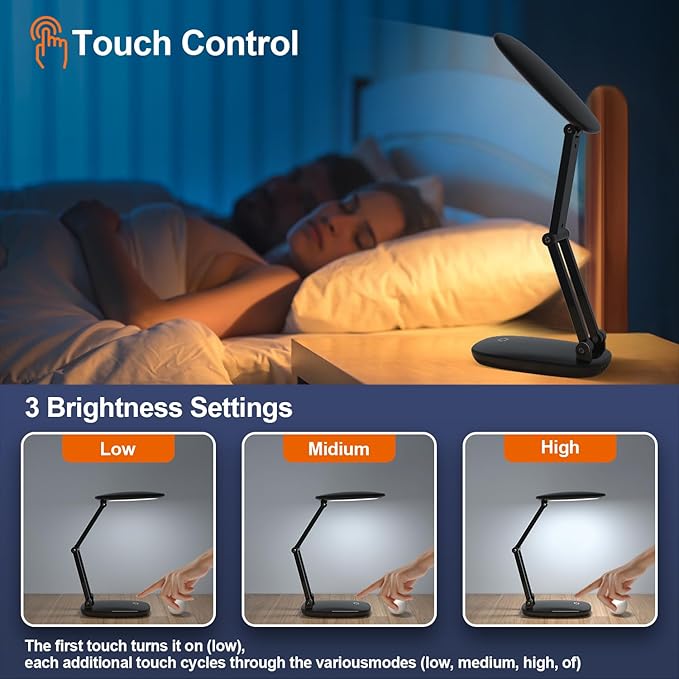 Akejrym LED Desk Lamp for Office Home & Battery Operated Lamp Rechargeable Lamp Foldable & Portable Light, [2-Fold Bracket] 3 Brightness Dimmable Small Desk Lamp Wireless Reading Lamp (Black)